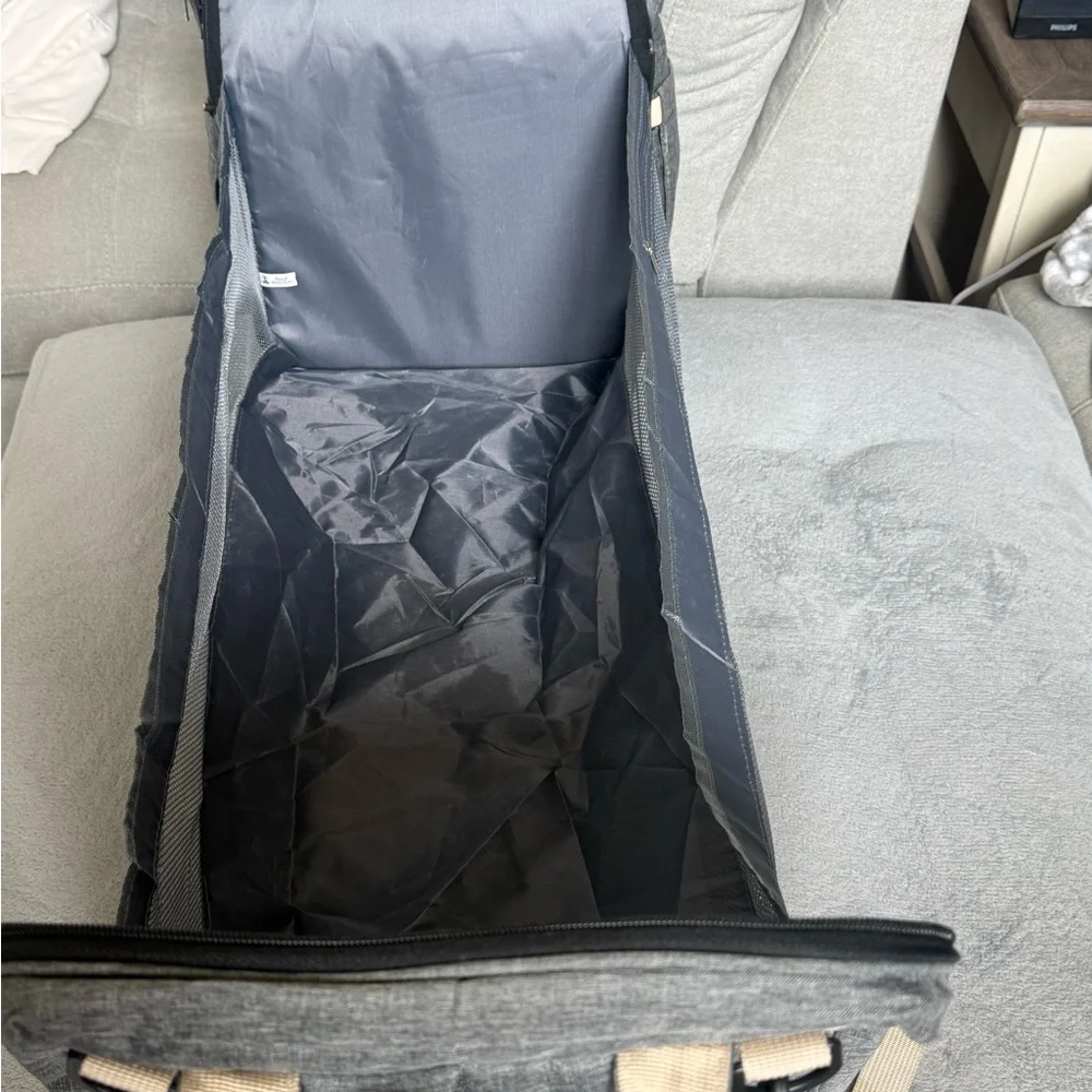 Gray Baby Backpack/Diaper Bag with fold out portable bassinet